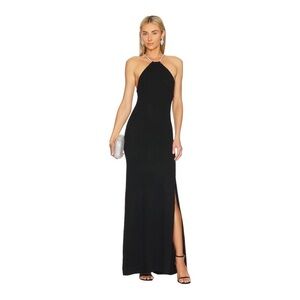 JoosTricot Black Maxi Dress Halter Jewel Straps High Slit Alpaca Wool Blend XS